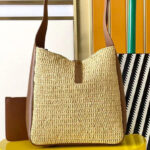 Saint Laurent Le 5 A 7 Supple Small In Raffia And Leather Coffee